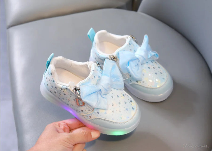 LED Casual Sneakers For Spring Girls KPop Demon Hunters Printed Mesh Breathable Shoes Children Lighted Non-slip Pink Purple
