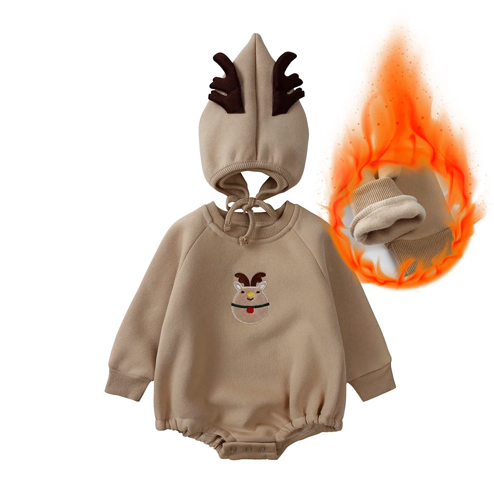 0-24M Christmas Baby Rompers Sets Infant Embroidery Cartoon Thicken Fleece Jumpsuit with Hat Long Sleeve Onesie Newborn Clothes