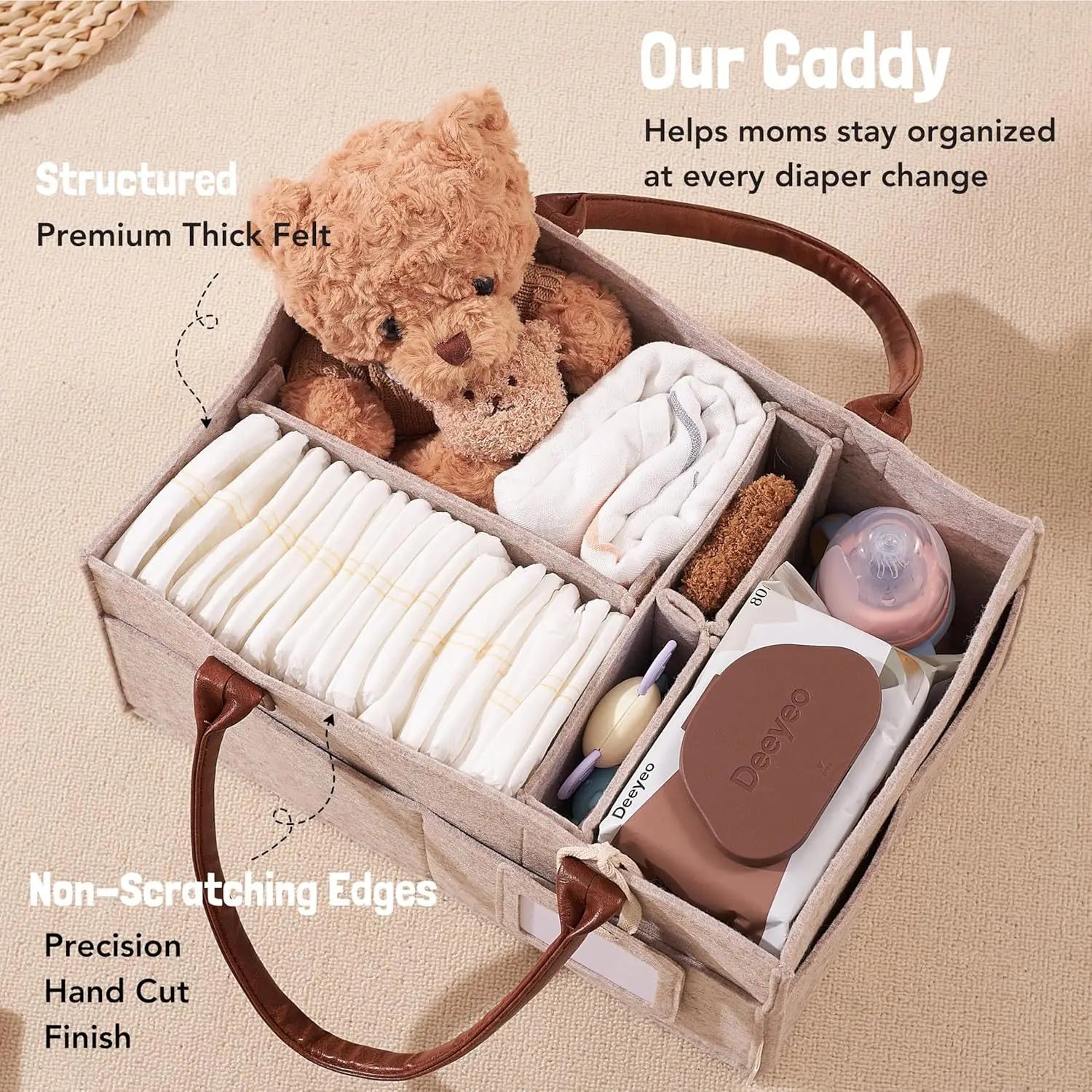 Baby felt nursery organizer basket by I YAN with handle, large pockets for diaper storage and changing accessories.
