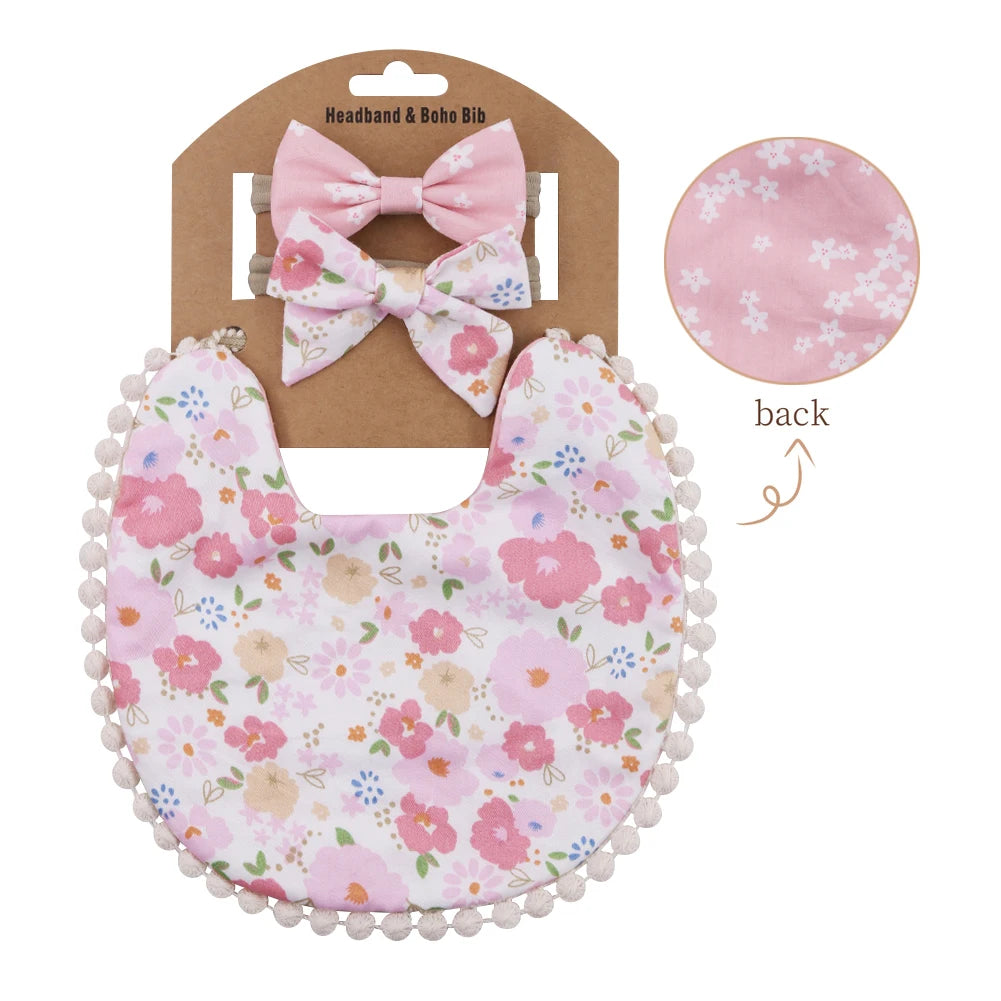 Set of three flower print cotton linen baby bibs, elastic nylon headbands, and double-deck saliva towels for feeding and burping.
