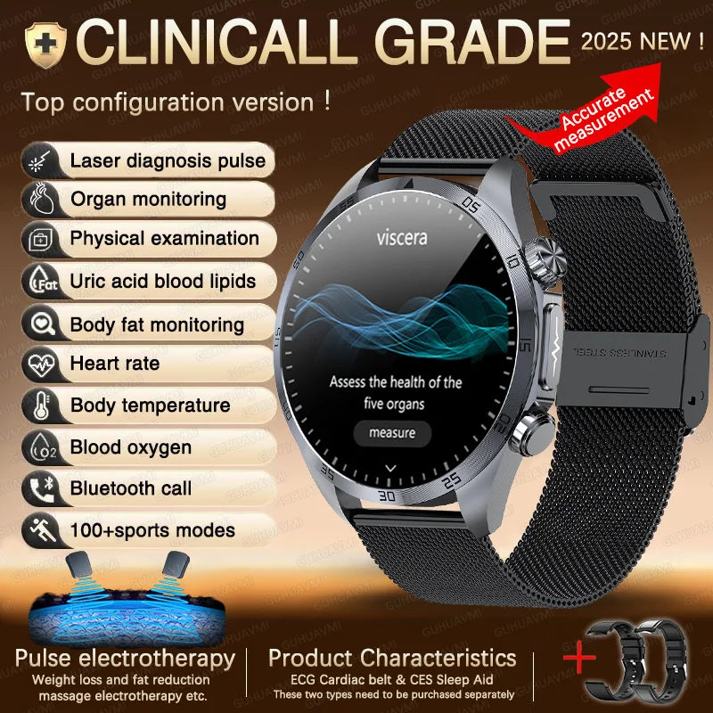 2026 New Pulse﻿ ECG+PPG Treatment Smart Watch Men Blood Lipid Uric Acid BP Body Fat Tired monitor Sports Health Call Smartwatch