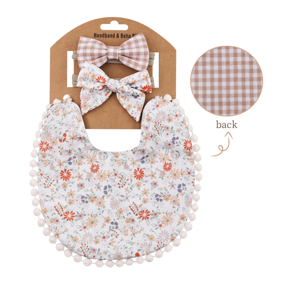 Set of three flower print cotton linen baby bibs, elastic nylon headbands, and double-deck saliva towels from I YAN.