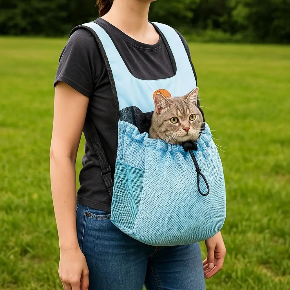 I YAN breathable pet chest shoulder bag with adjustable straps, foldable design, ideal for outdoor hiking and cycling with pets.