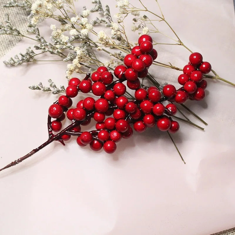 1/60PCS Christmas Red Berries Branch Artificial Holly Berry Stamen Flowers Wreath for Tree Ornaments New Year Party Home Decor