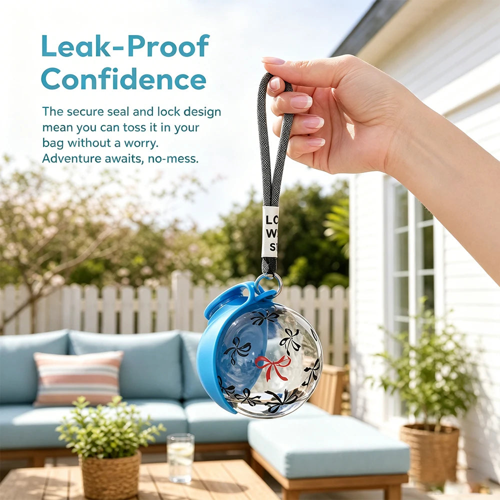 Portable I YAN pet water bottle with detachable bowl and wrist strap, leak-proof travel dispenser for dogs and cats.