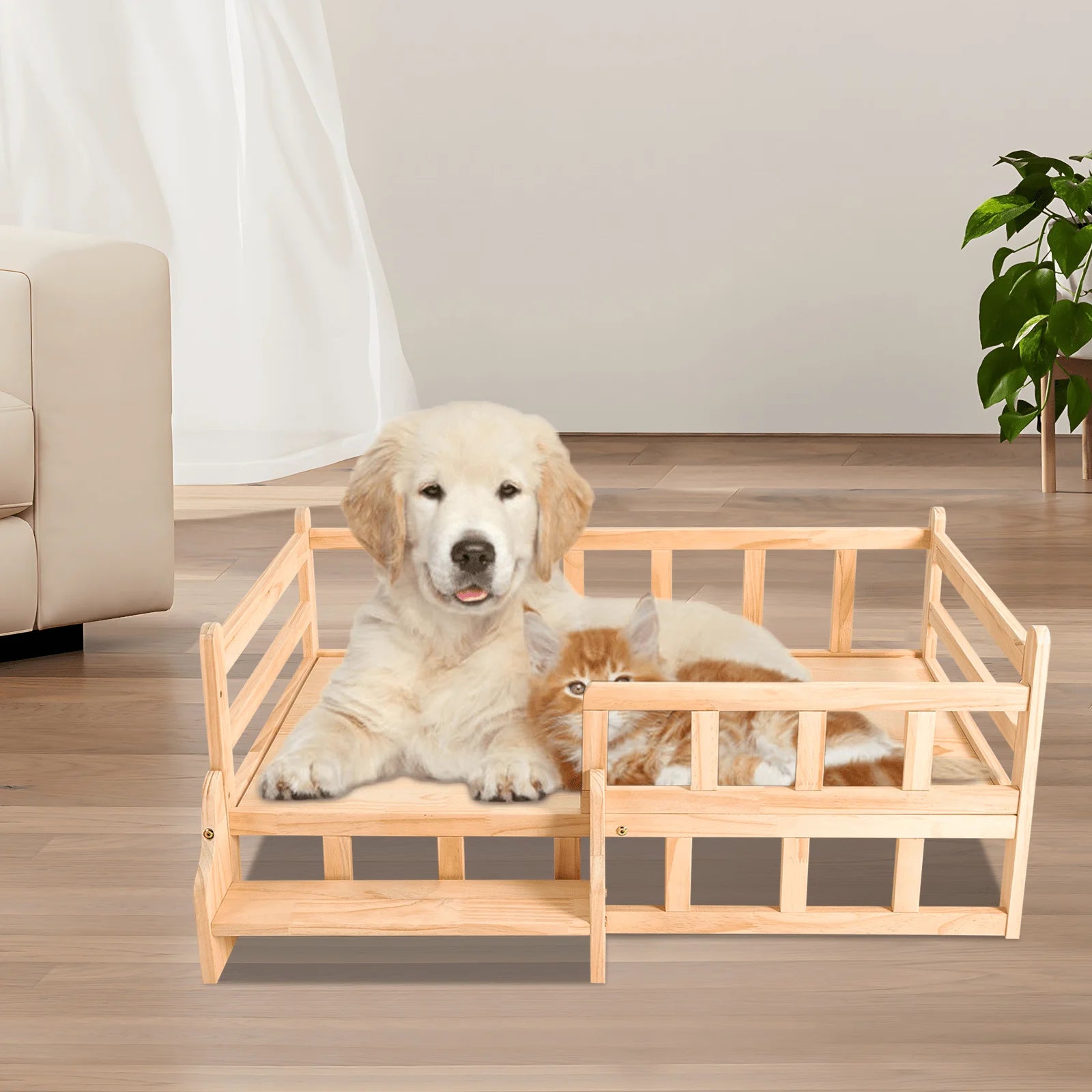 Aohuada Solid Pine Wood Elevated Pet Bed With Rails & Stairs, 66LBS Load Raised Dog Cat Bed, Breathable Indoor Raised Pet Frame With Anti-Slip Pads For Large Pets