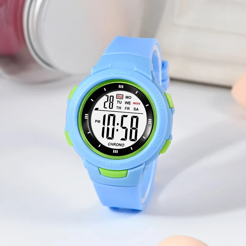 I YAN UTHAI CE49 kids' waterproof luminous smart watch with alarm clock, suitable for boys and girls, featuring a colorful electronic display.