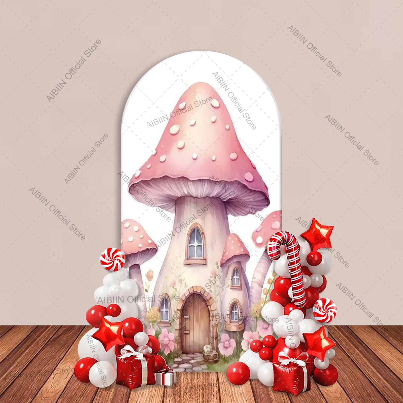 Fairy First Birthday Arch Backdrop Cover Mushroom House Door Butterfly Fairy Pink Floral Kids Cake Party Decor Background