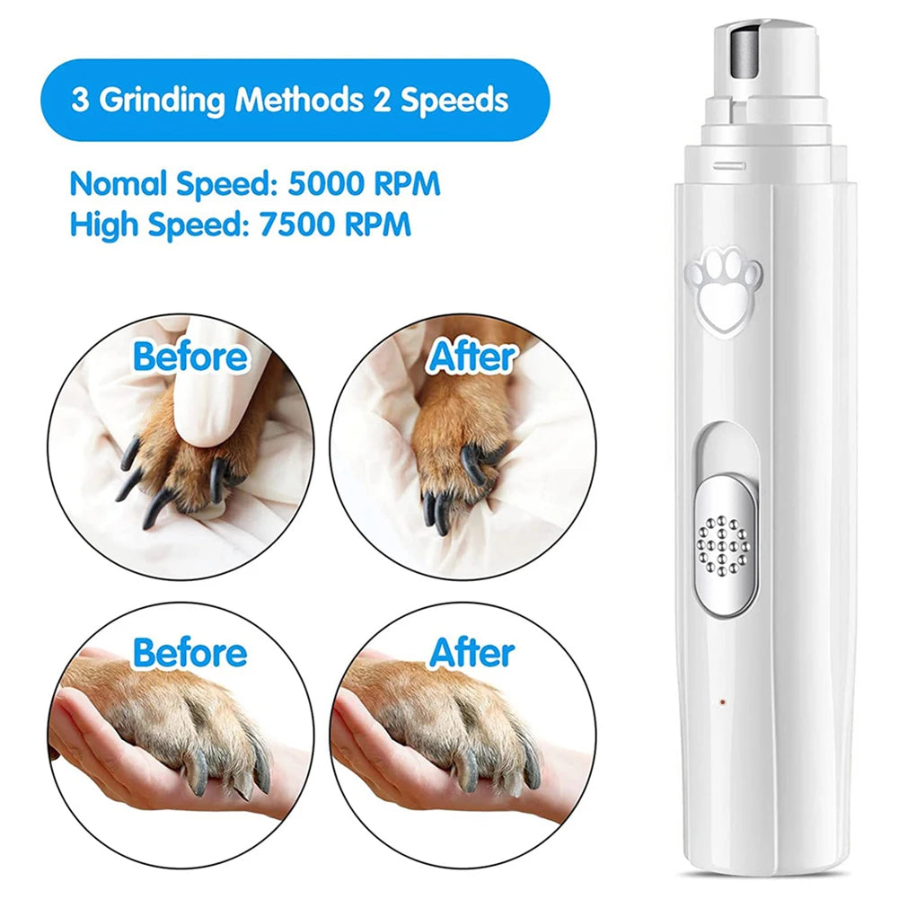 I YAN electric pet nail grinder with LED light, rechargeable USB dog and cat nail trimmer for grooming and paw care.