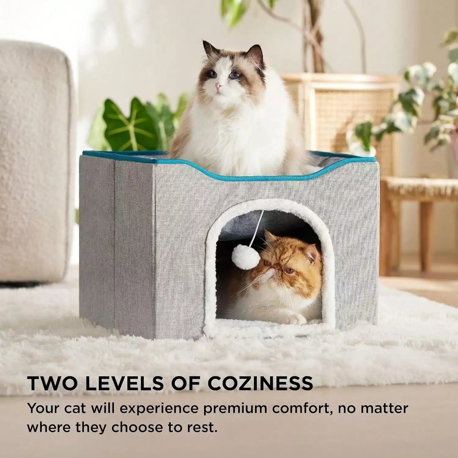 Large Foldable Cat Cave House Bed For Indoor Cats Dual Layer Cat Hideaway With Hanging Fluffy Pom Pom Toy & Built-In Sisal Scratch Pad Soft Cozy Pet Cat Nest 16.5×16.5×13 Inches Grey