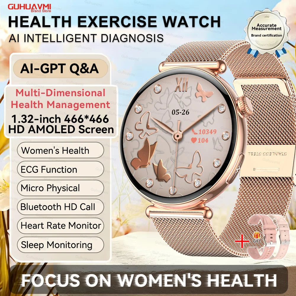 2026 New Women AI Smart Diagnosis Smart Watch HRV+ECG Uric Acid Blood Oxygen Health Monitor IP68 Waterproof Sports Smartwatches