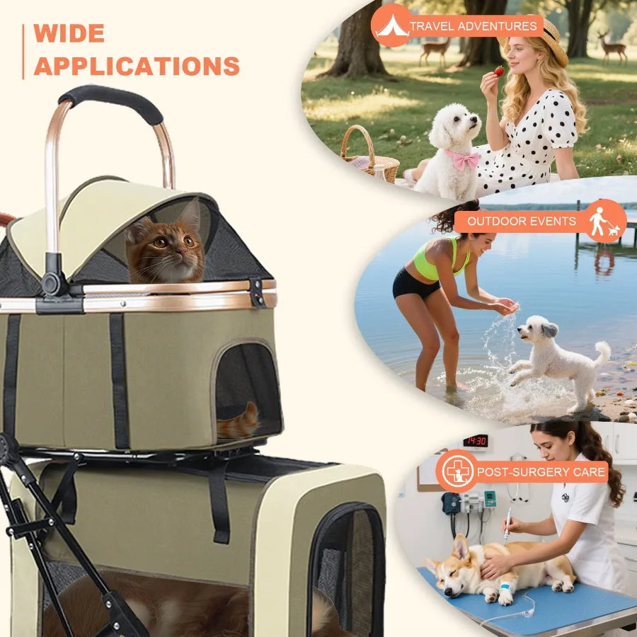 3-in-1Double Pet Stroller, Foldable Portable Pet Travel Strolling Cart for Medium Small Dogs Cats, up to 50lbs Dark Green