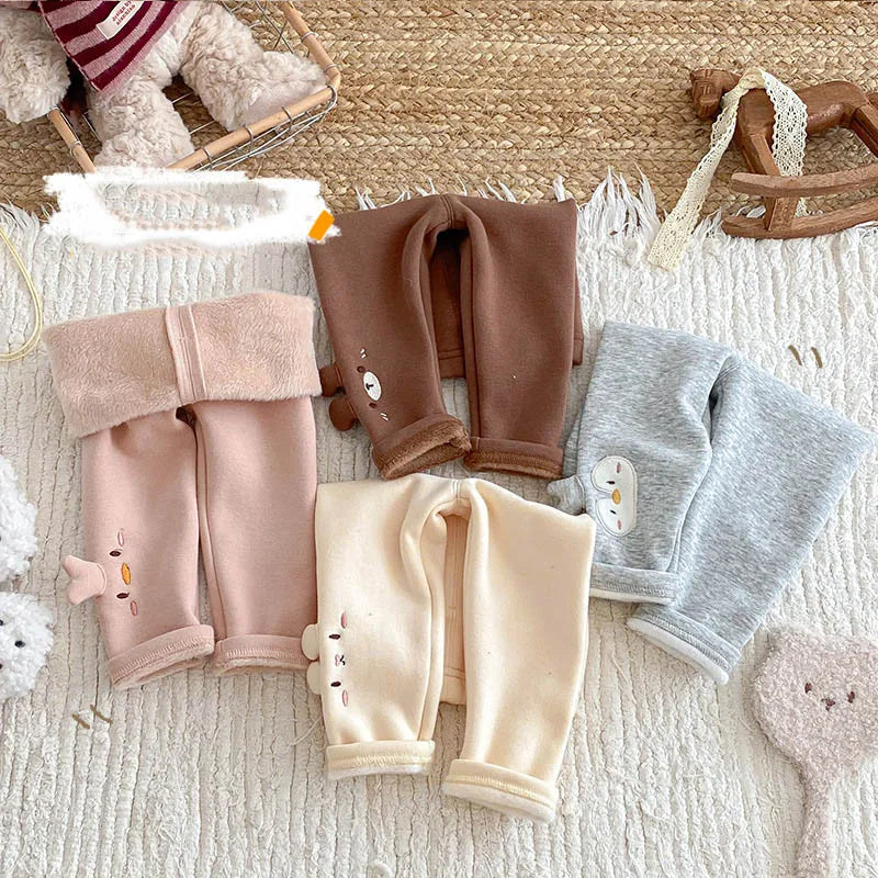 Winter Kids Girls Leggings Cotton Ears Plus Velvet Infant Baby Girls Tight Casual Elastic Waist 0-5Y Toddler Girls Basic Bottoms