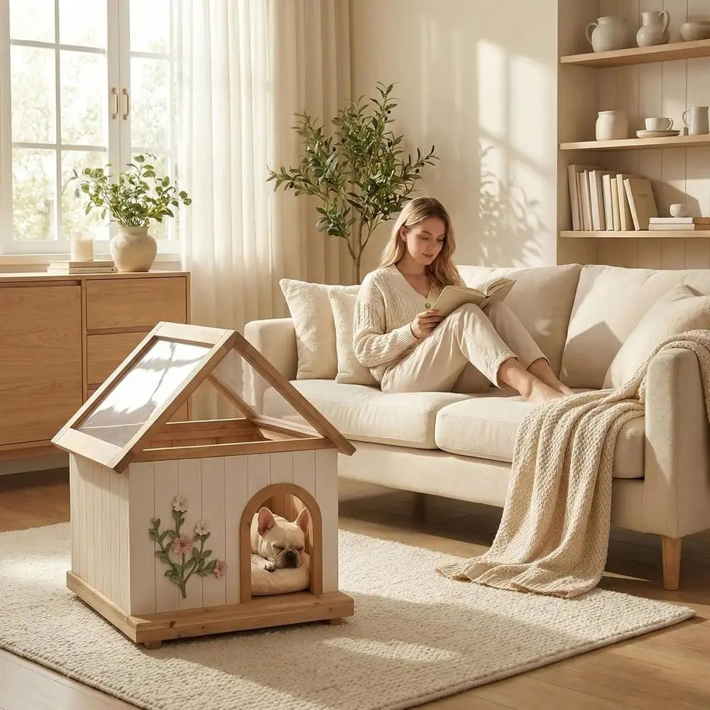 Indoor sunlit dog house with handcrafted carvings and soft bed mat for small dogs by I YAN, featuring detailed woodwork and cozy interior
