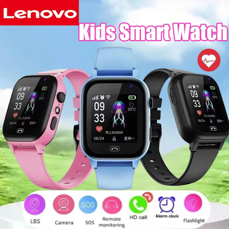 Lenovo I YAN kids smartwatch with GPS, camera, SOS, video call, monitor, and location tracking features.
