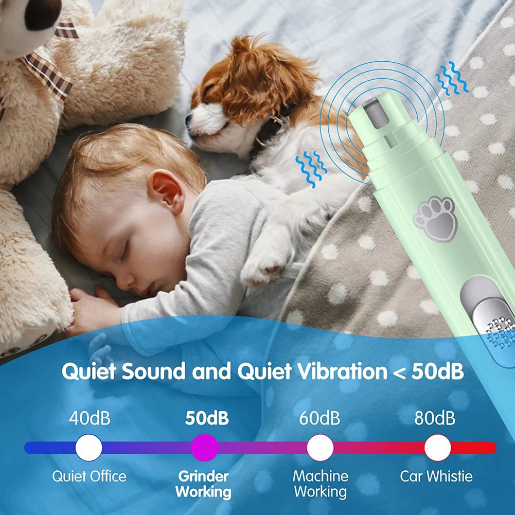 I YAN electric pet nail grinder with LED light, USB rechargeable, for cats and dogs, featuring a grooming trimmer and nail cutter.