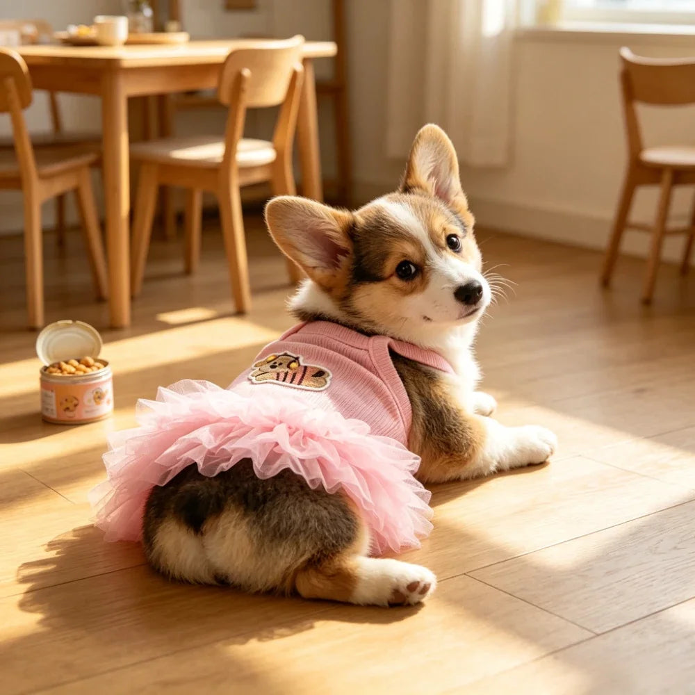 Cute sleeveless puffy princess dog skirt by I YAN for small dogs and cats, comfortable fit with a charming design.