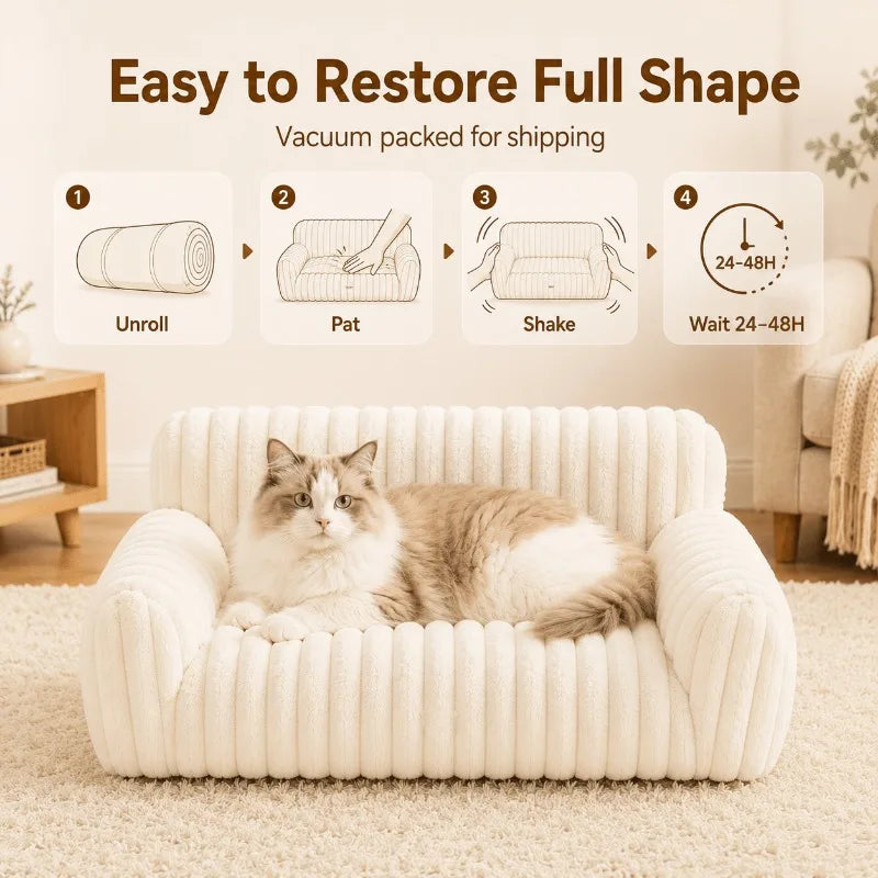 Soft fluffy cat couch by I YAN with corduroy fleece, washable cover, supportive pet sofa for indoor cats, ideal for cozy lounging.
