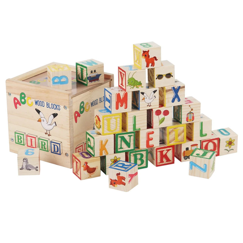 Montessori Wooden Alphabet Blocks Early Educational Stacking Toys Alphabet Number Animal Cognition Learning Blocks For Todders