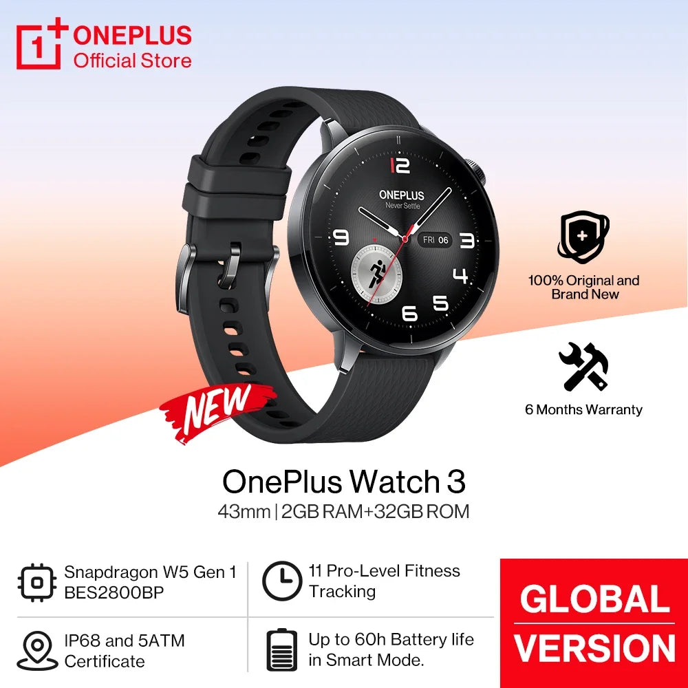OnePlus Watch 3 43mm Global Version Smart Watch 1.32" AMOLED Display Up to 60h Battery Life Wear OS by Google GPS NFC