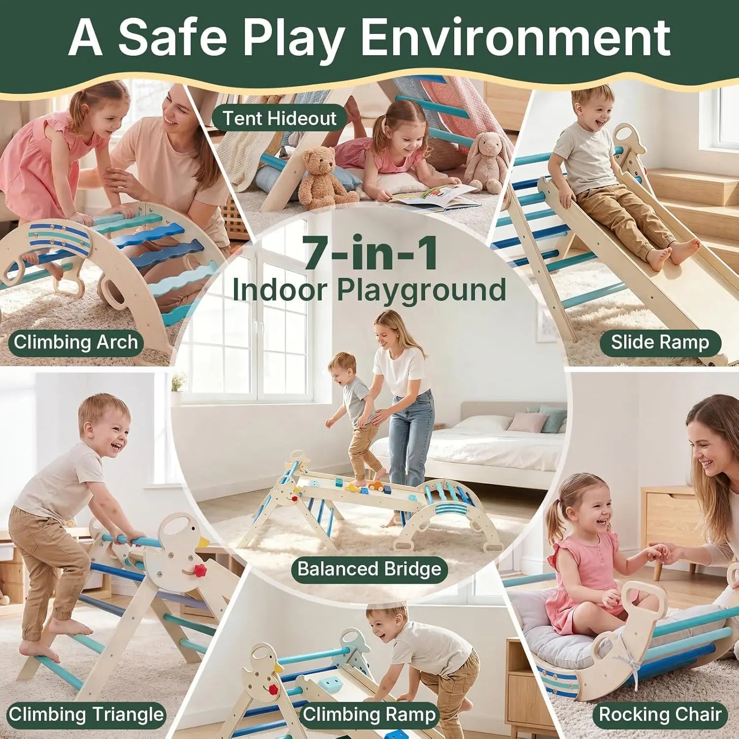 Foldable 7-in-1 Pikler Triangle set by I YAN with wooden climbing arch, slide, and ladder for toddlers indoor play.