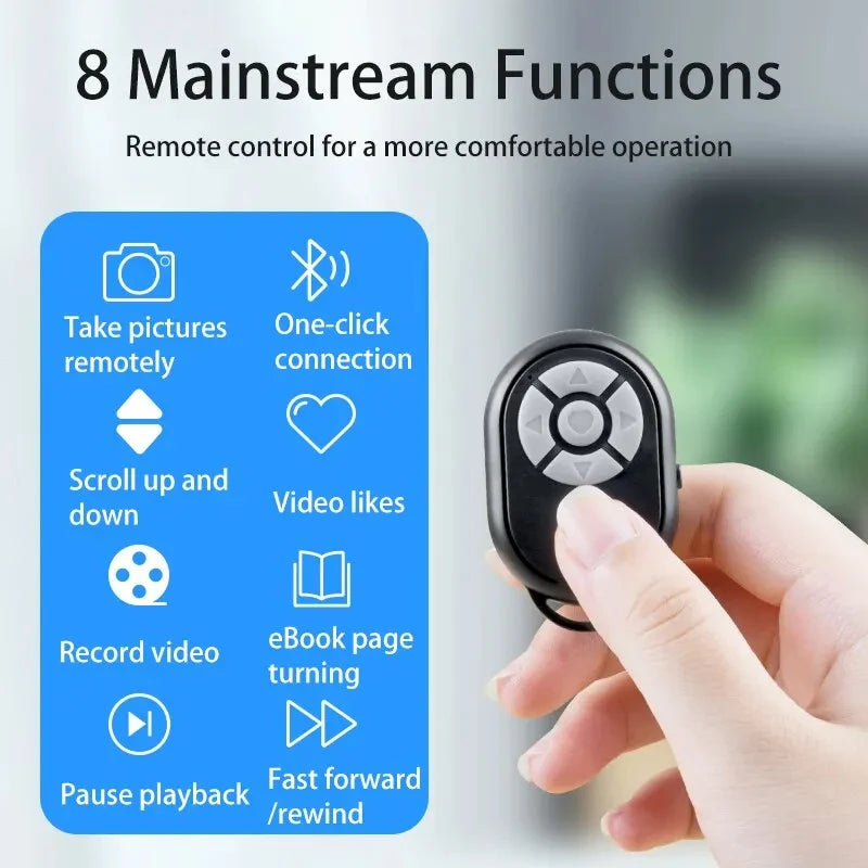I YAN Bluetooth remote control for iPhone, Xiaomi, Android phones, and selfie sticks, featuring a compact wireless design for camera control.