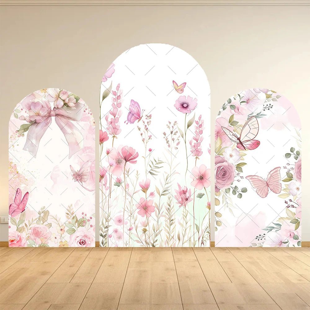 Fairy Woodhouse Arch Backdrop Cover Girls Birthday Baby Shower Pink Floral Butterfly Arched Background Photography Party Decor