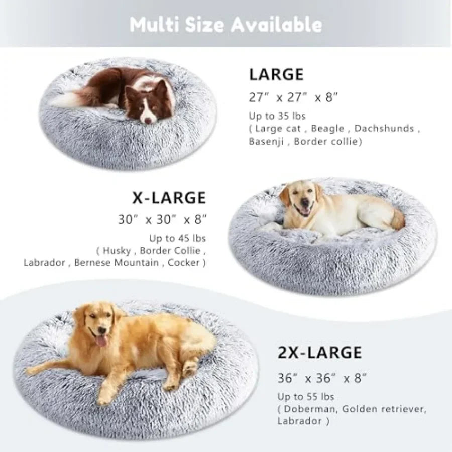 Calming anti-anxiety donut dog cuddler bed for small medium dogs and cats faux fur plush beige ultra-soft warming cozy round cu