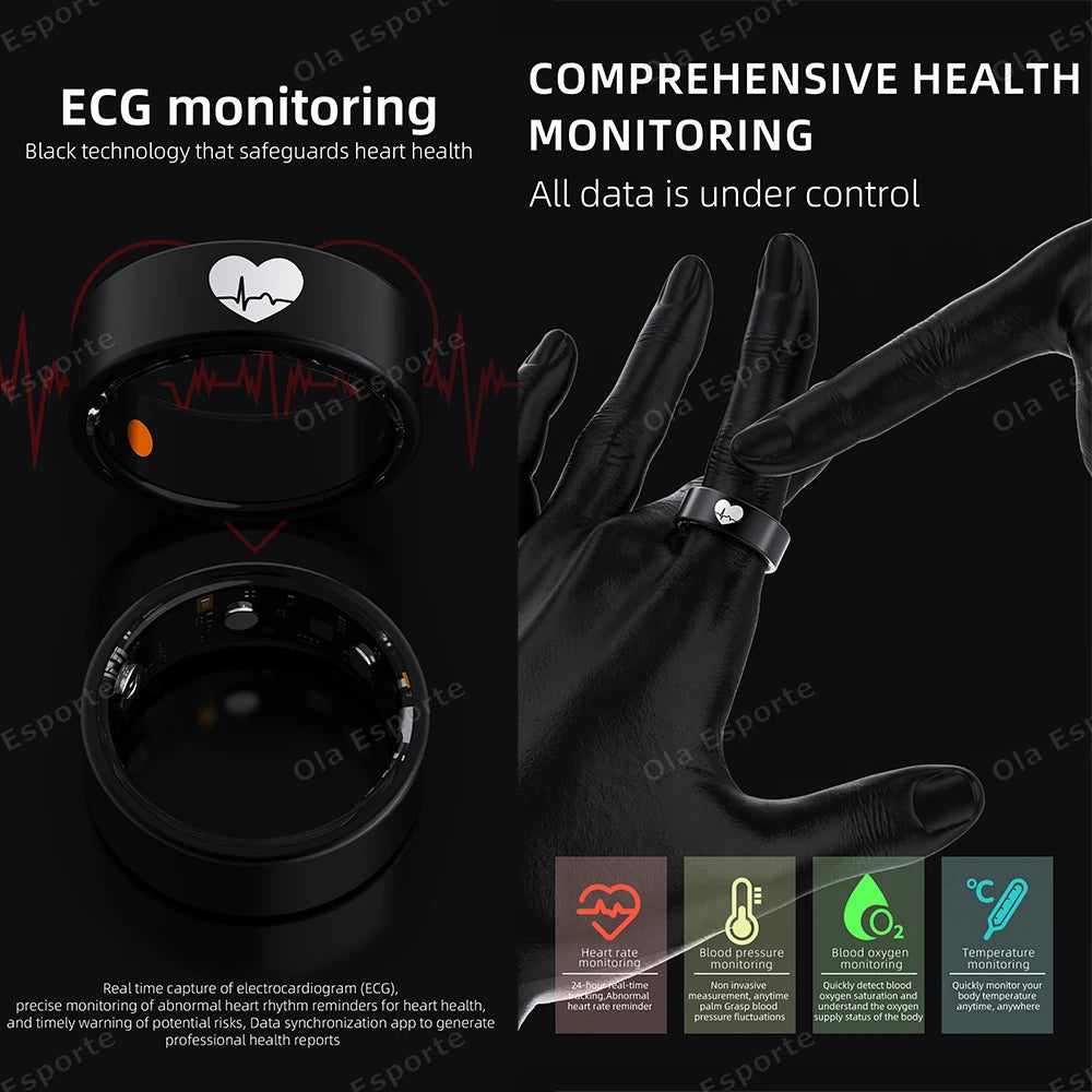 New Smart Ring ECG Detection Blood Pressure,Heart Rate Ring,Body Temperature Monitor Waterproof GPS Tracking Men Women Ring