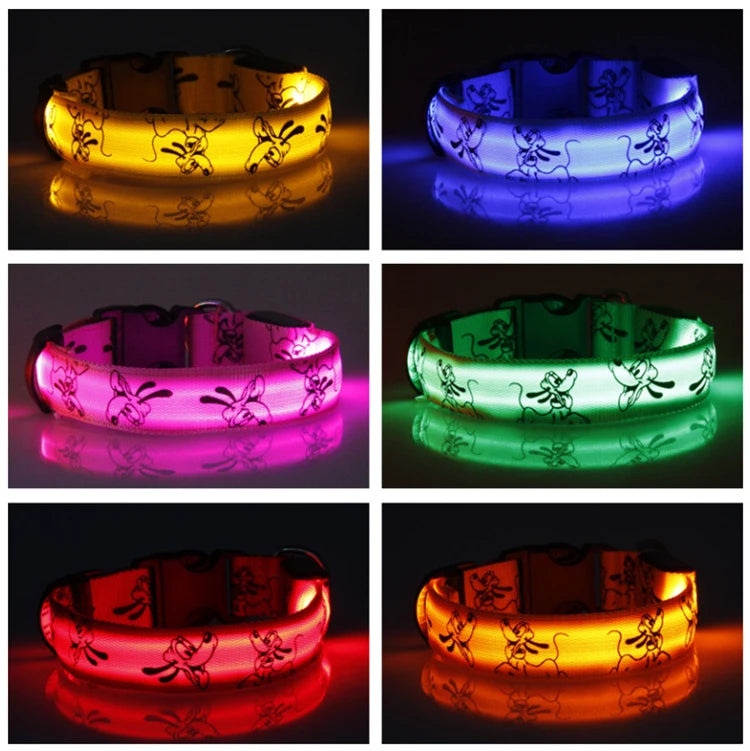 Bright LED dog collar by I YAN with luminous nylon material for nighttime safety and visibility on pets.