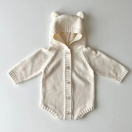 2026 New Spring 0-24M Toddler Baby Boys Girl Knitted Romper Long Sleeved Solid Color Hooded Infant Baby Knitted Jumpsuit