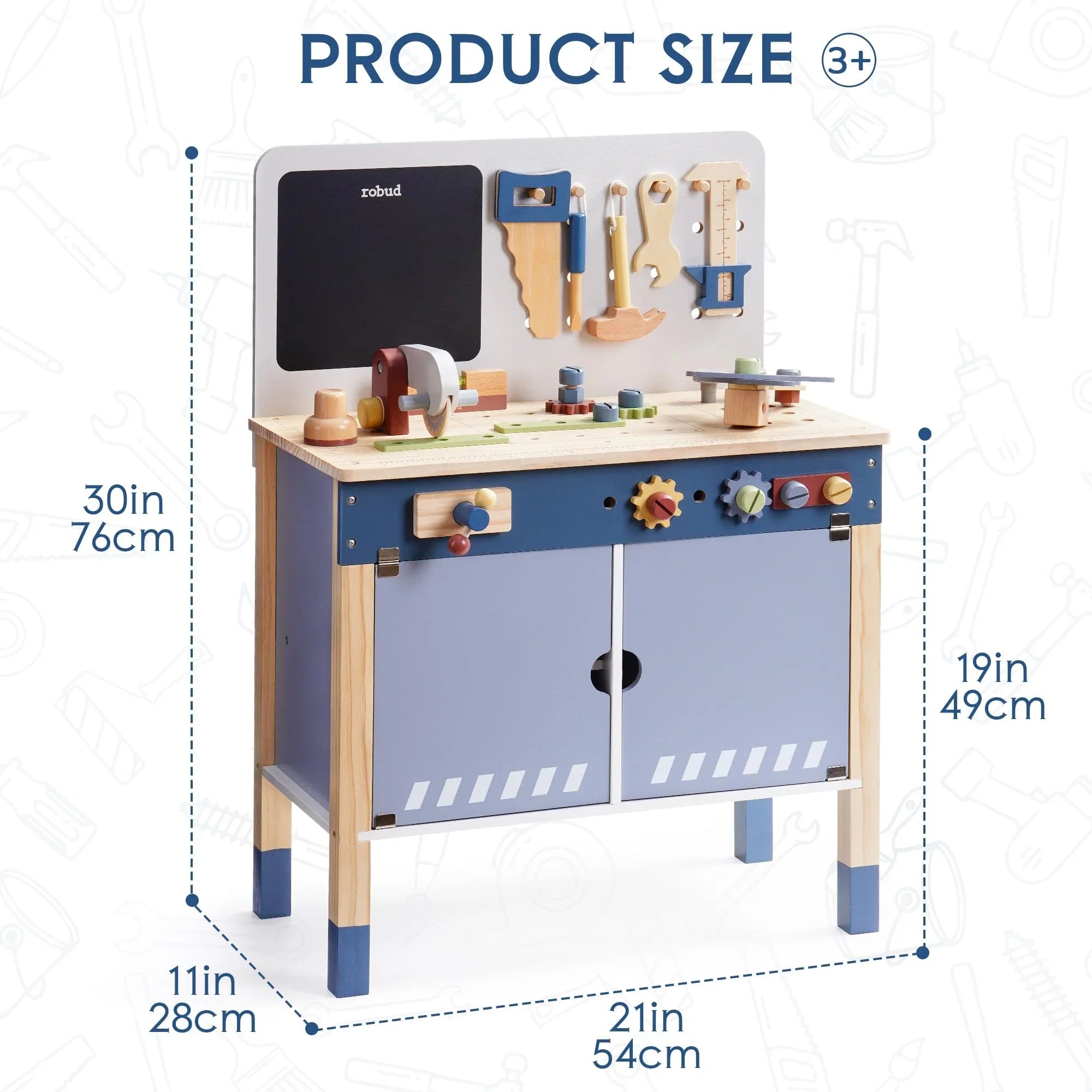 Robotime Robud wooden toy workbench by I YAN with tools for kids, perfect for pretend play and creative building activities.
