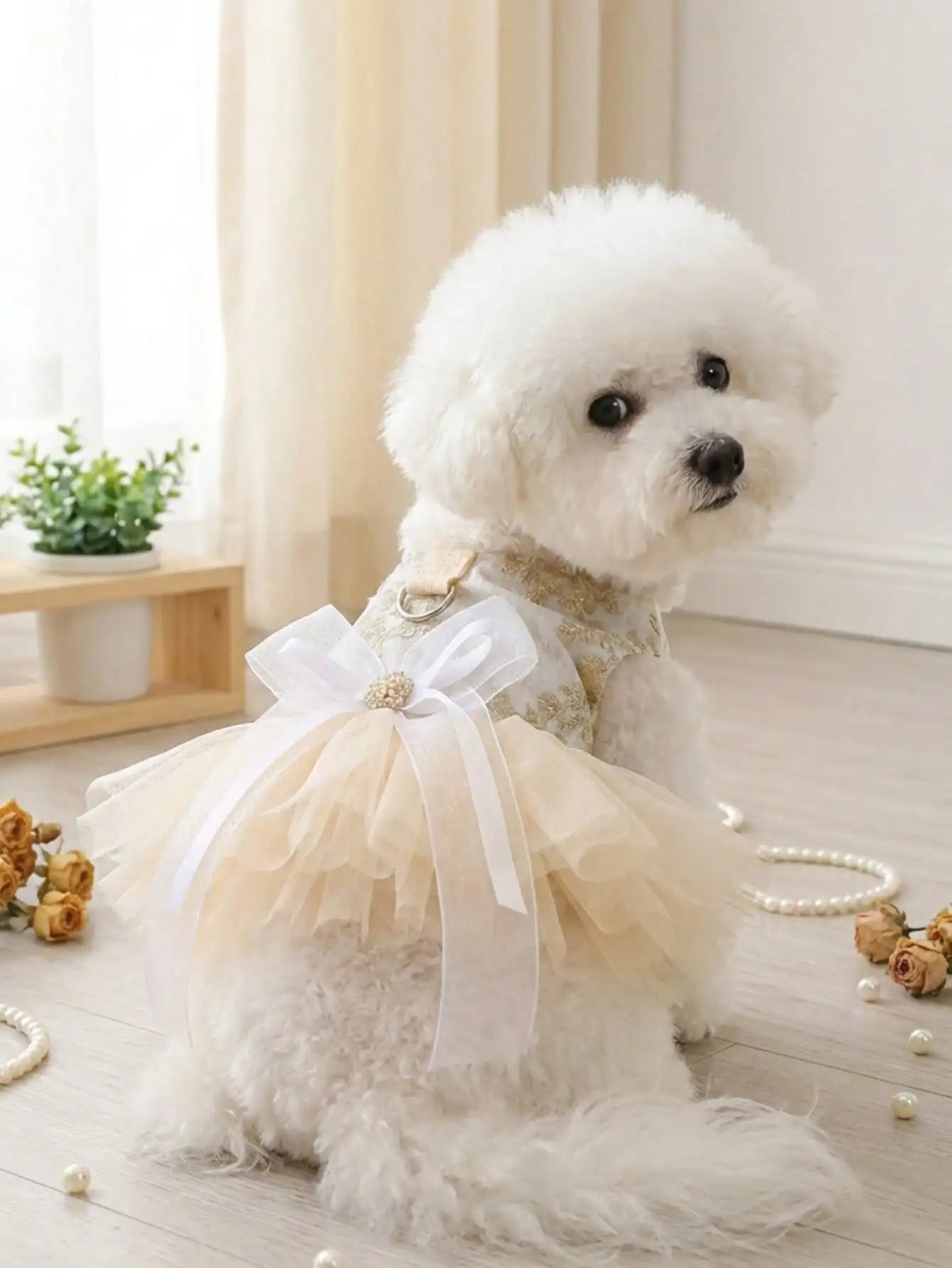 1Pc Luxury Pet Princess Wedding Dress Thin Spring Summer Outfit Gold Floral Embroidery Pearl Bow Decor Built-in D-ring For Traction Universal For Cats Dogs Elegant Party Costume Photo Prop Holiday Pet Gift