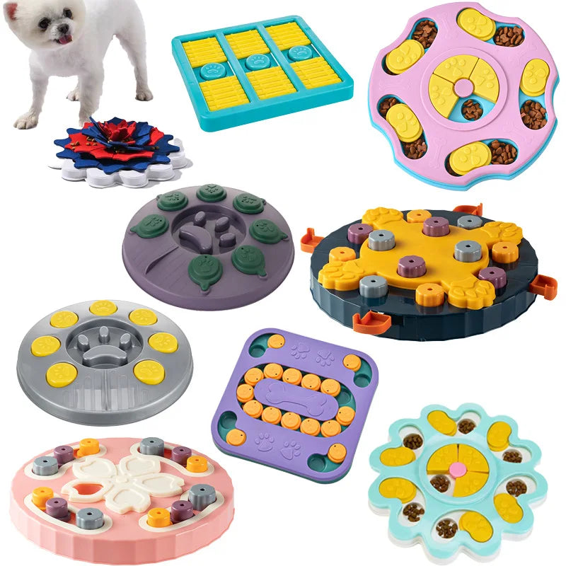 Interactive dog puzzle toy by I YAN, food dispenser and slow feeder bowl for dogs and cats to promote mental stimulation and slow eating.