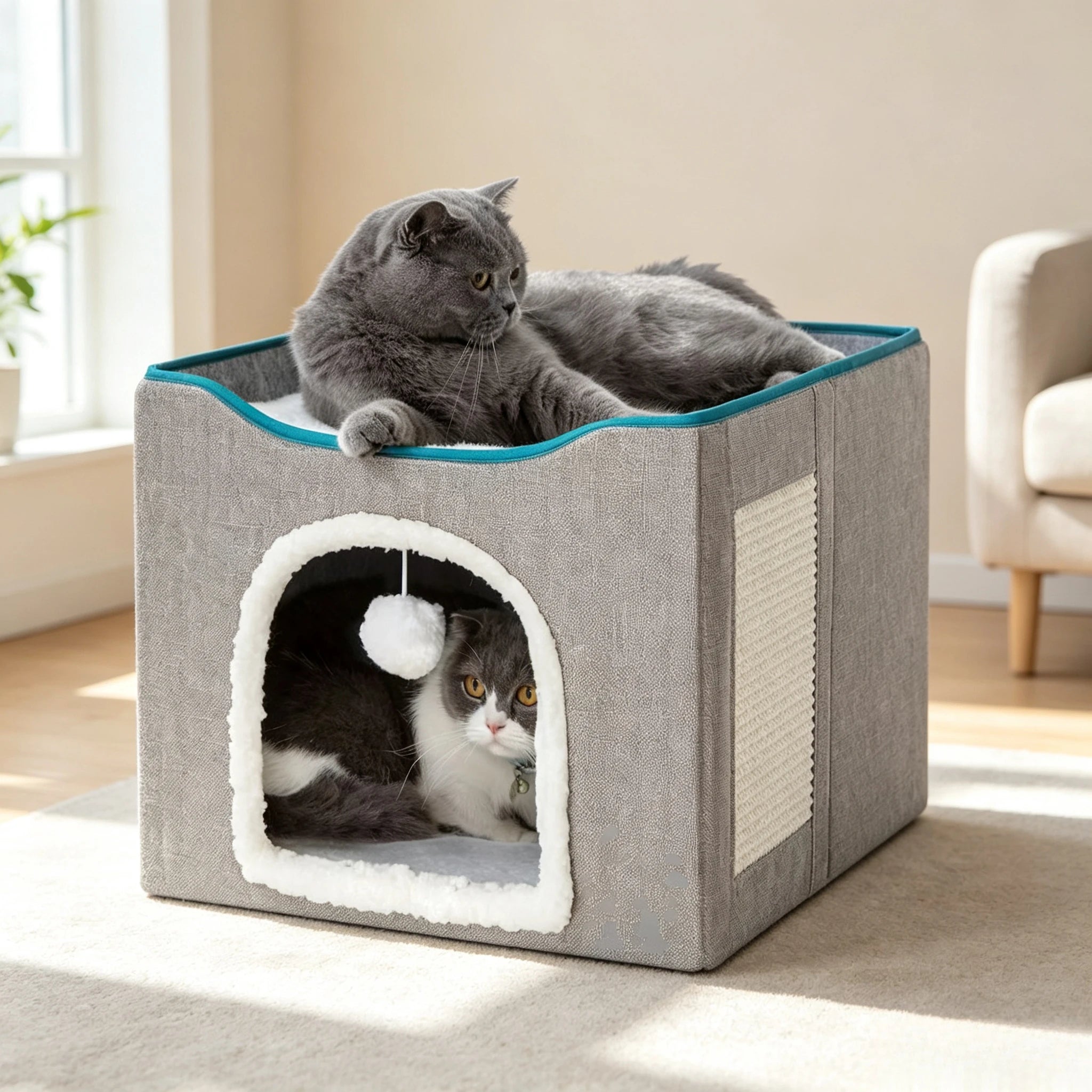 Large Foldable Cat Cave House Bed For Indoor Cats Dual Layer Cat Hideaway With Hanging Fluffy Pom Pom Toy & Built-In Sisal Scratch Pad Soft Cozy Pet Cat Nest 16.5×16.5×13 Inches Grey