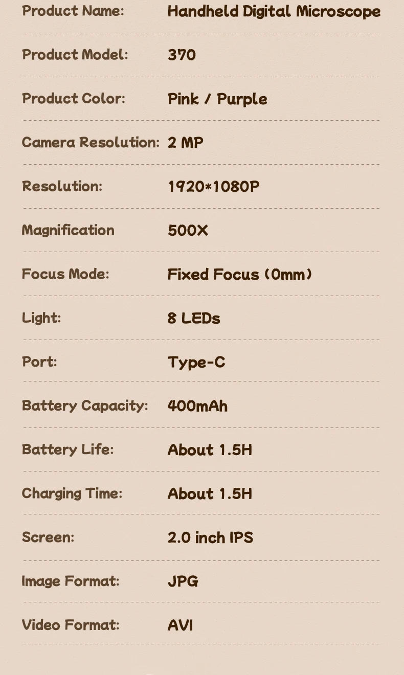 Mini Kids Optical Microscope 500x Magnification 200MP Camera Lens with Photo And Video Function Silicone Cover  Children's Gift