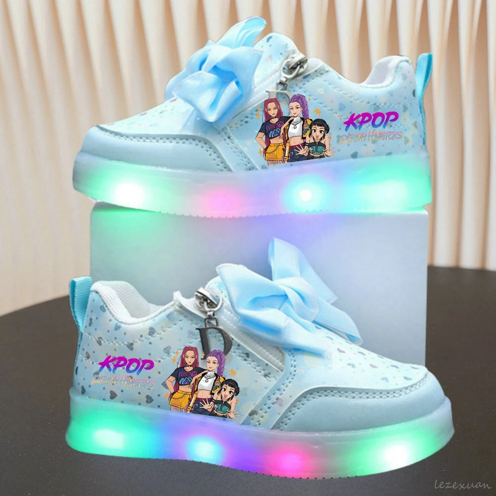 LED Casual Sneakers For Spring Girls KPop Demon Hunters Printed Mesh Breathable Shoes Children Lighted Non-slip Pink Purple