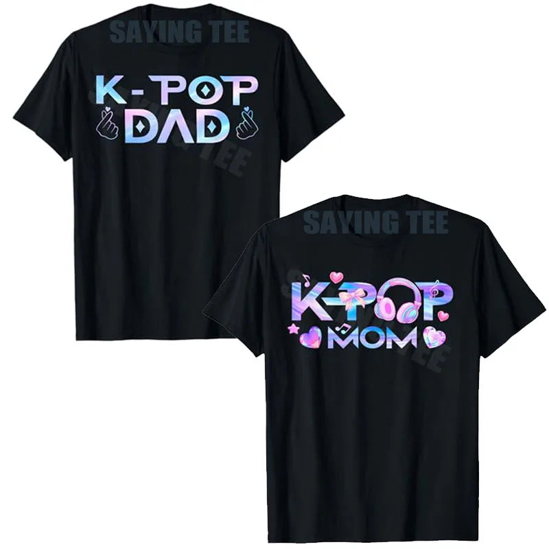 Unisex K-Pop Dad & Mom funny birthday matching T-shirt by I YAN, featuring playful graphic design on a white fabric background.