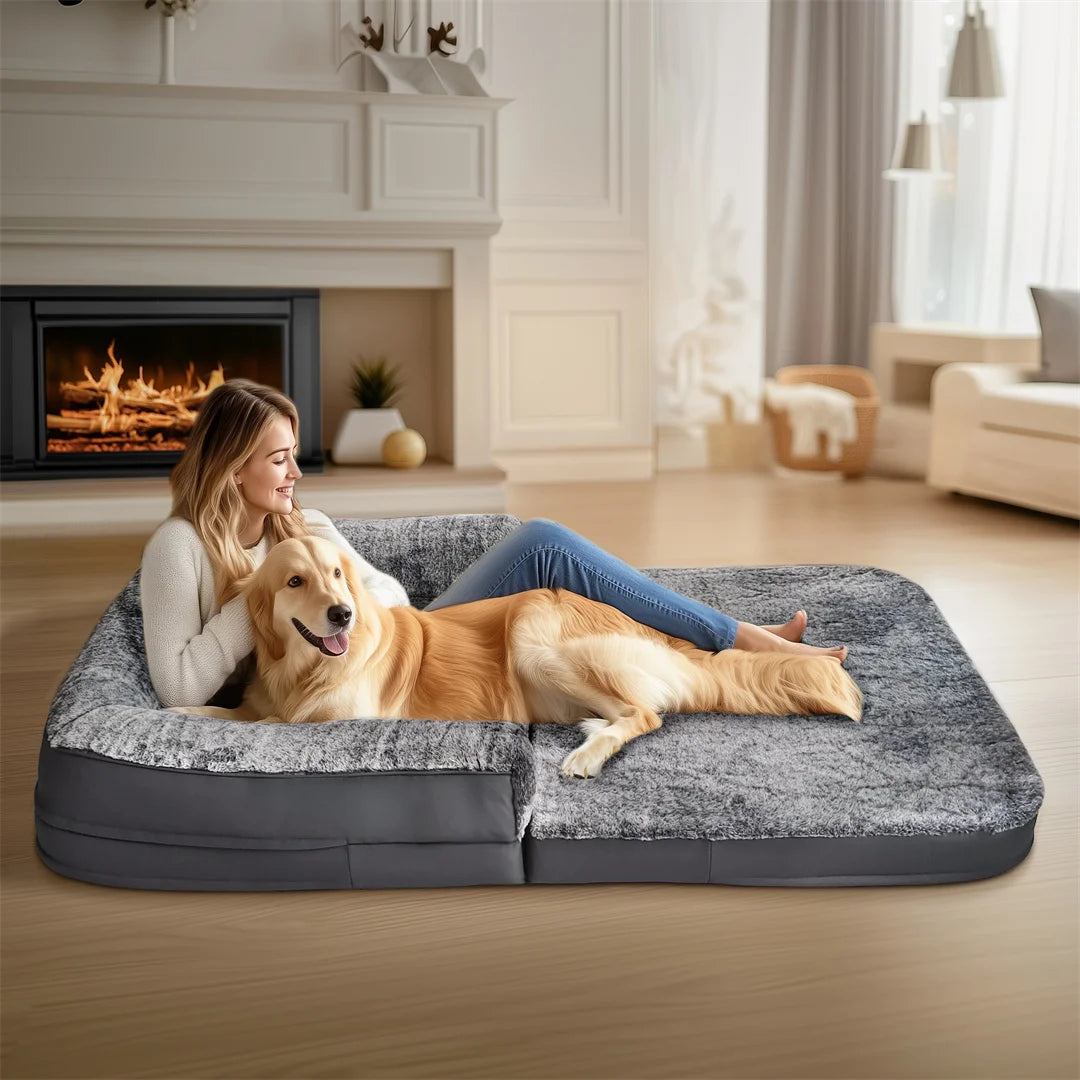 I YAN 180cm giant dog bed with plush cover, foldable and orthopedic design for large pets, providing a comfortable calming space