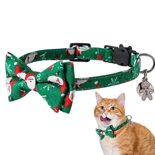 Adjustable Christmas kitten collar by I YAN with snowflake bow, bell, and breakaway safety feature for festive holiday photos.