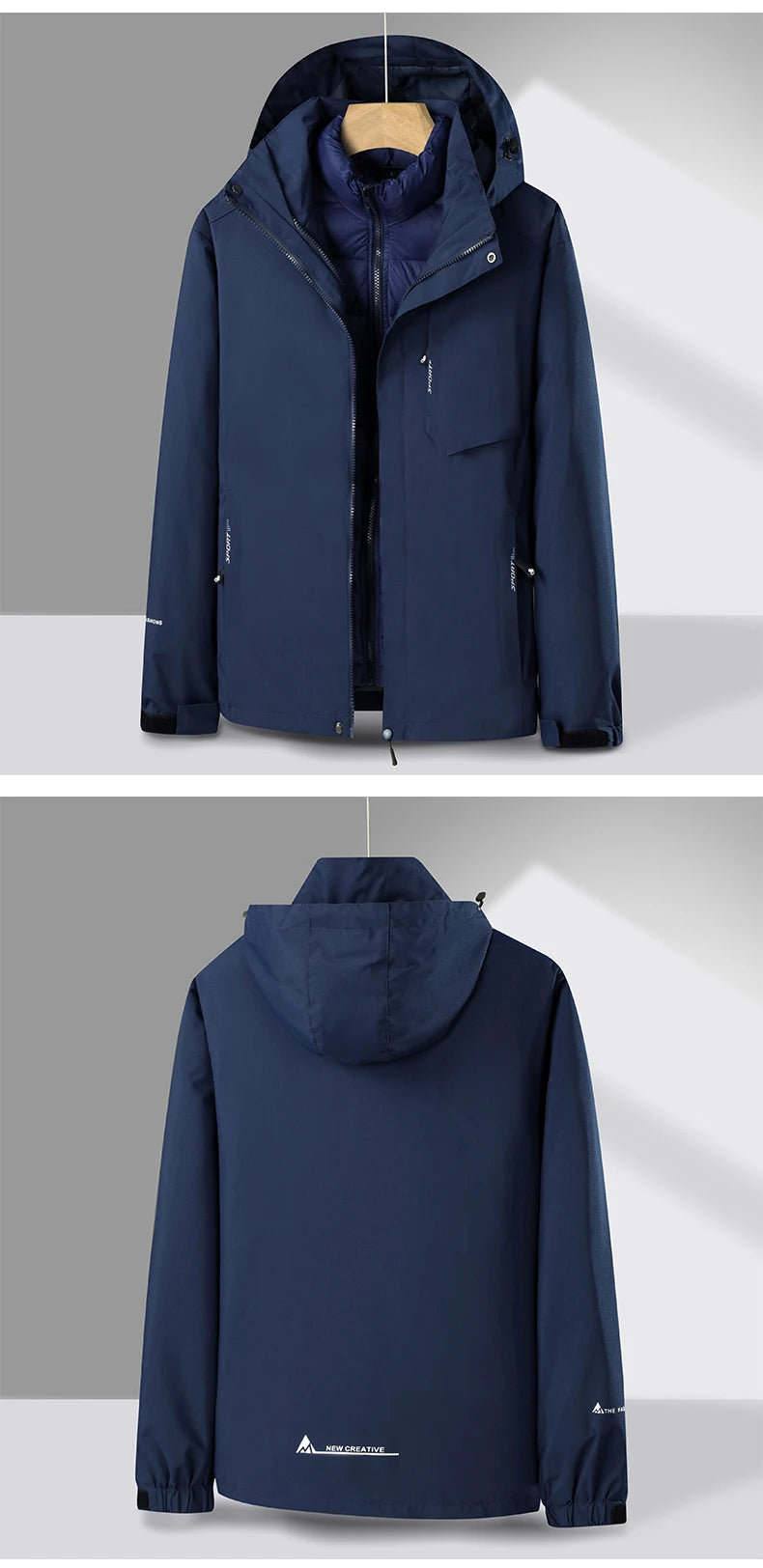 Men's 3 In 1 Thick Hiking Jacket Down Cotton Waterproof Winter Windbreaker Outdoor Warm Camping Jacket Windproof Coat