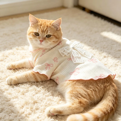 Pink Bow Print Pet Vest – Soft Breathable Summer Top for Cats & Small Dogs