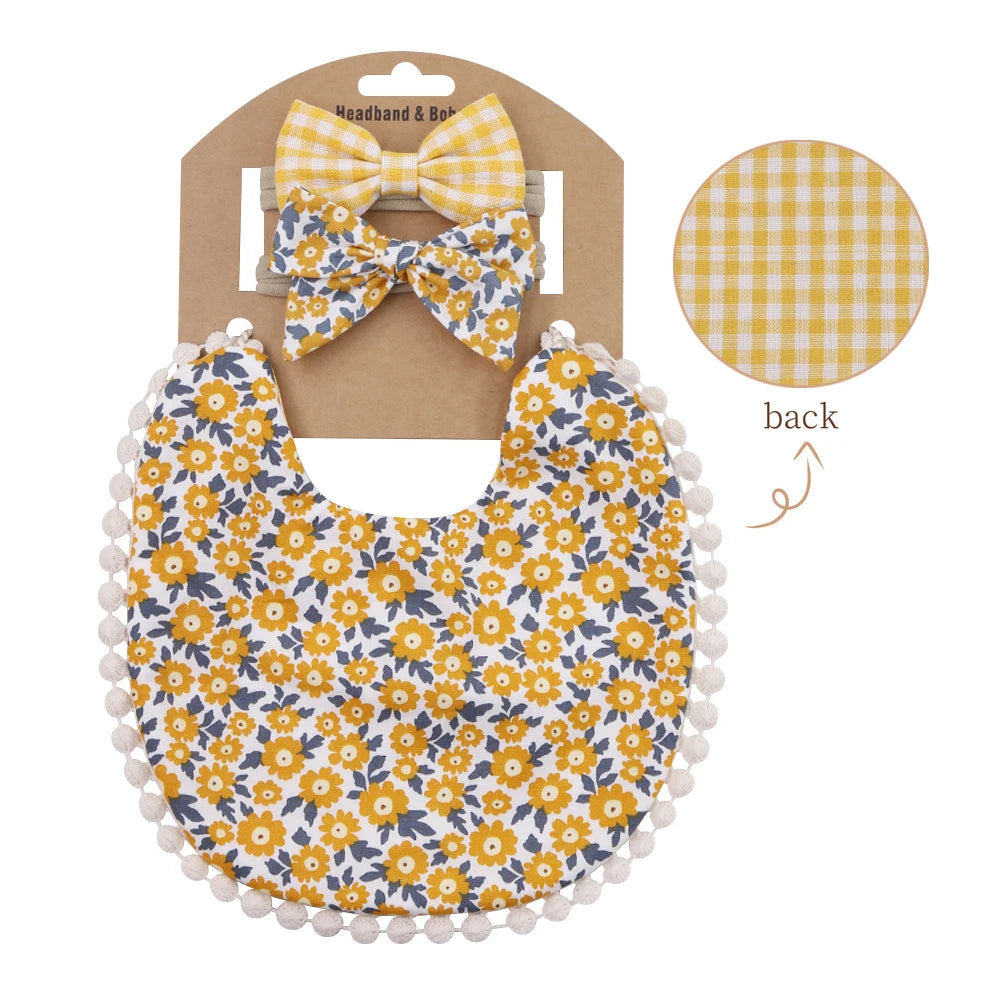 Set of three flower print cotton linen baby bibs, elastic nylon headbands, and double-deck saliva towels from I YAN for feeding and burping.