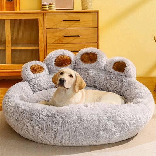 Large I YAN fluffy dog bed with plush winter fabric, suitable for big dogs and cats, featuring a cozy sofa-style cushion and basket design.