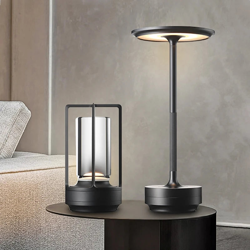 Rechargeable wireless LED table lamp by I YAN with touch sensor, ideal for bedside, restaurant, hotel, or bar decor lighting.