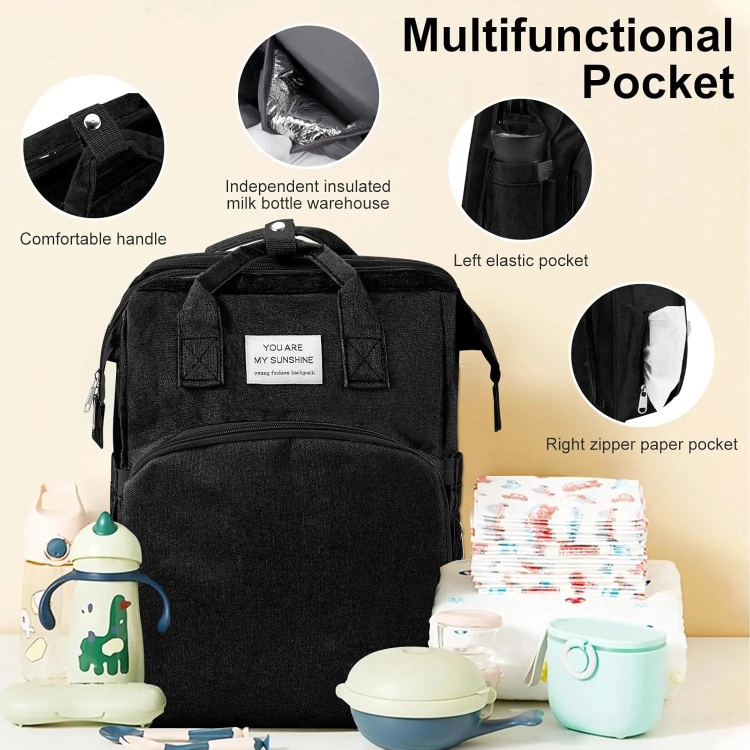 Baby Changing Nappy Bag with Changing Mat Large Capacity for Mum Waterproof Portable Backpack Foldable Bed Stroller StrapsTravel