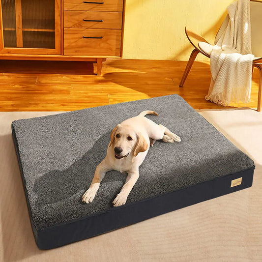 I YAN jumbo dog bed with orthopedic memory foam base, washable waterproof cover, and plush cushion for large pets.