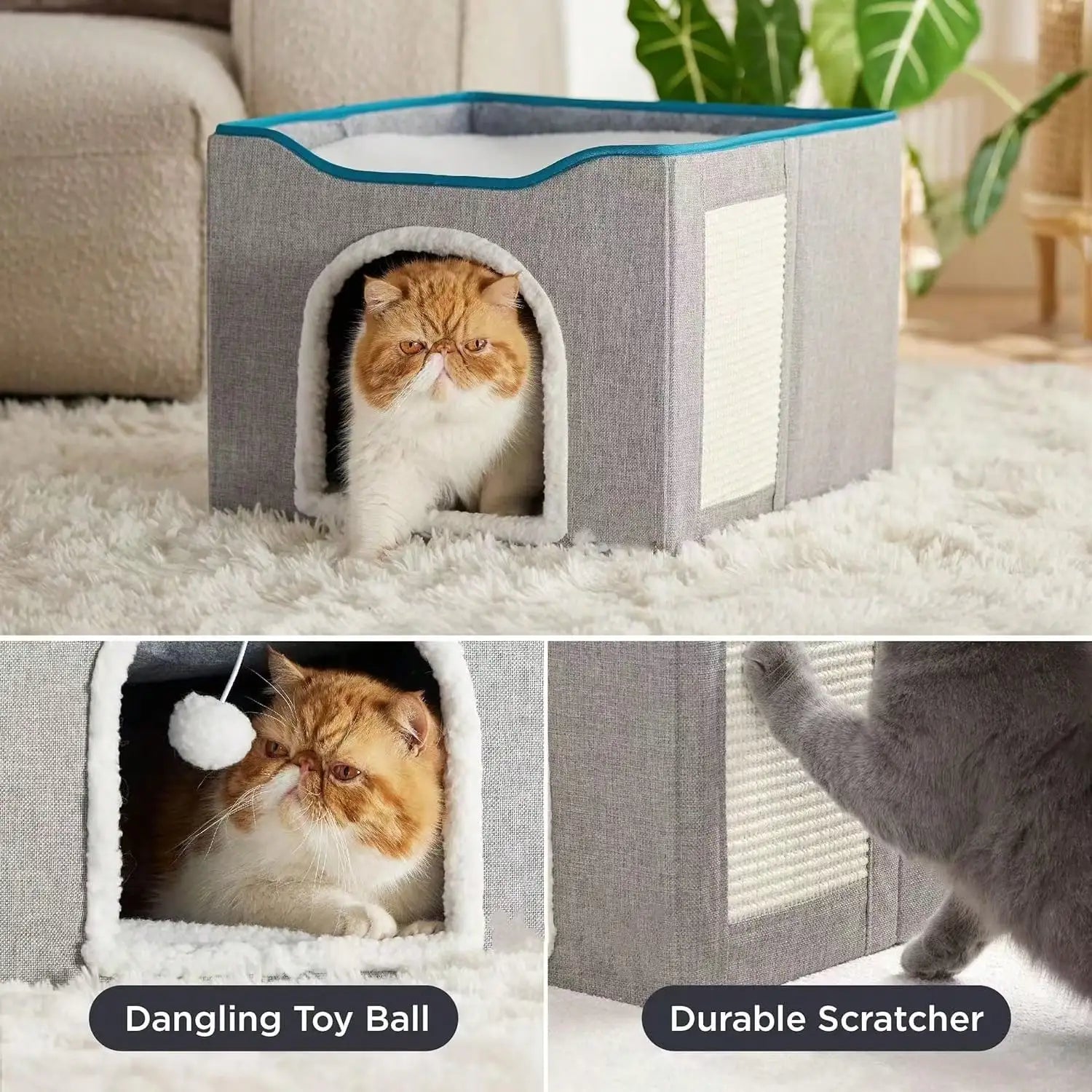Large Foldable Cat Cave House Bed For Indoor Cats Dual Layer Cat Hideaway With Hanging Fluffy Pom Pom Toy & Built-In Sisal Scratch Pad Soft Cozy Pet Cat Nest 16.5×16.5×13 Inches Grey
