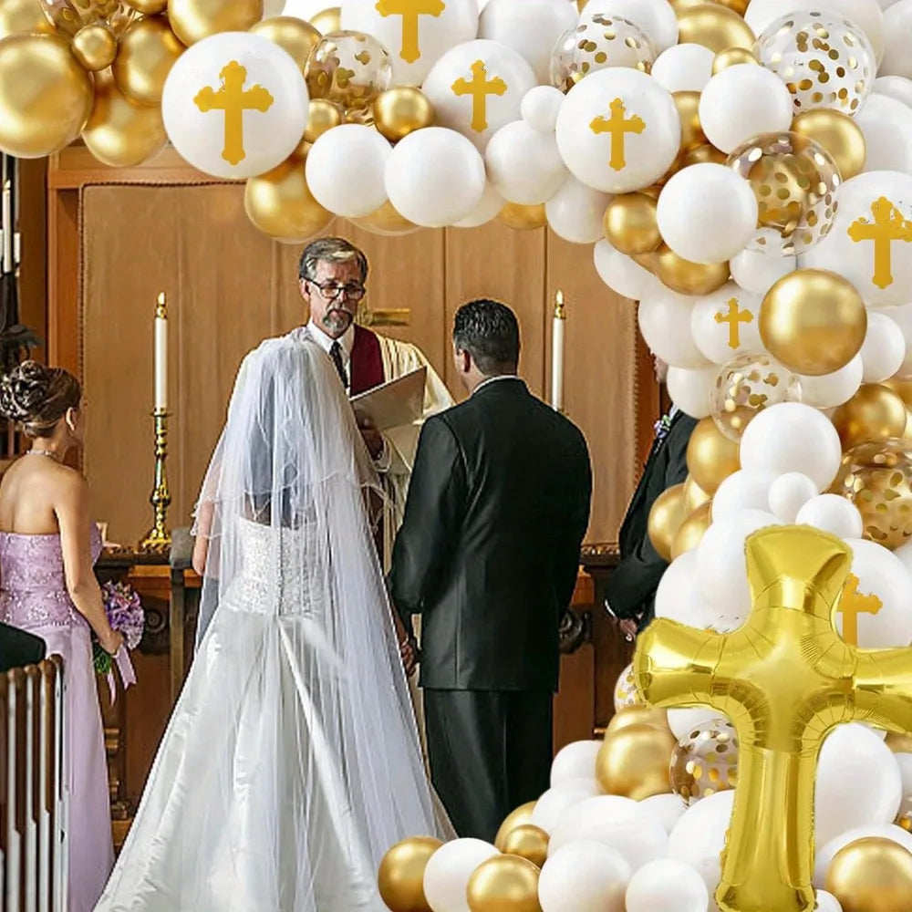 128PCS First Communion and Baptism Party Decoration Kit Cross Foil Balloons Are Used To Celebrate The First Communion with God