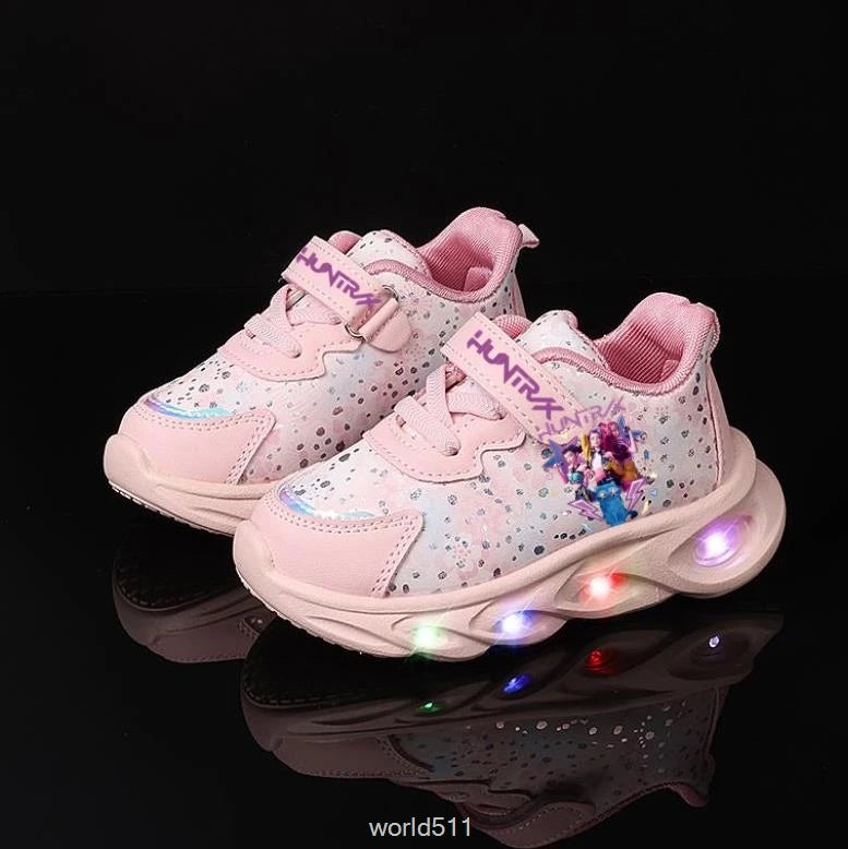 Children's LED Shoes Kpop Demon Hunter Light Up Sneakers Kids Mesh LED Shoes Flashing Lights Toddler Cartoon Sports Shoes Girls